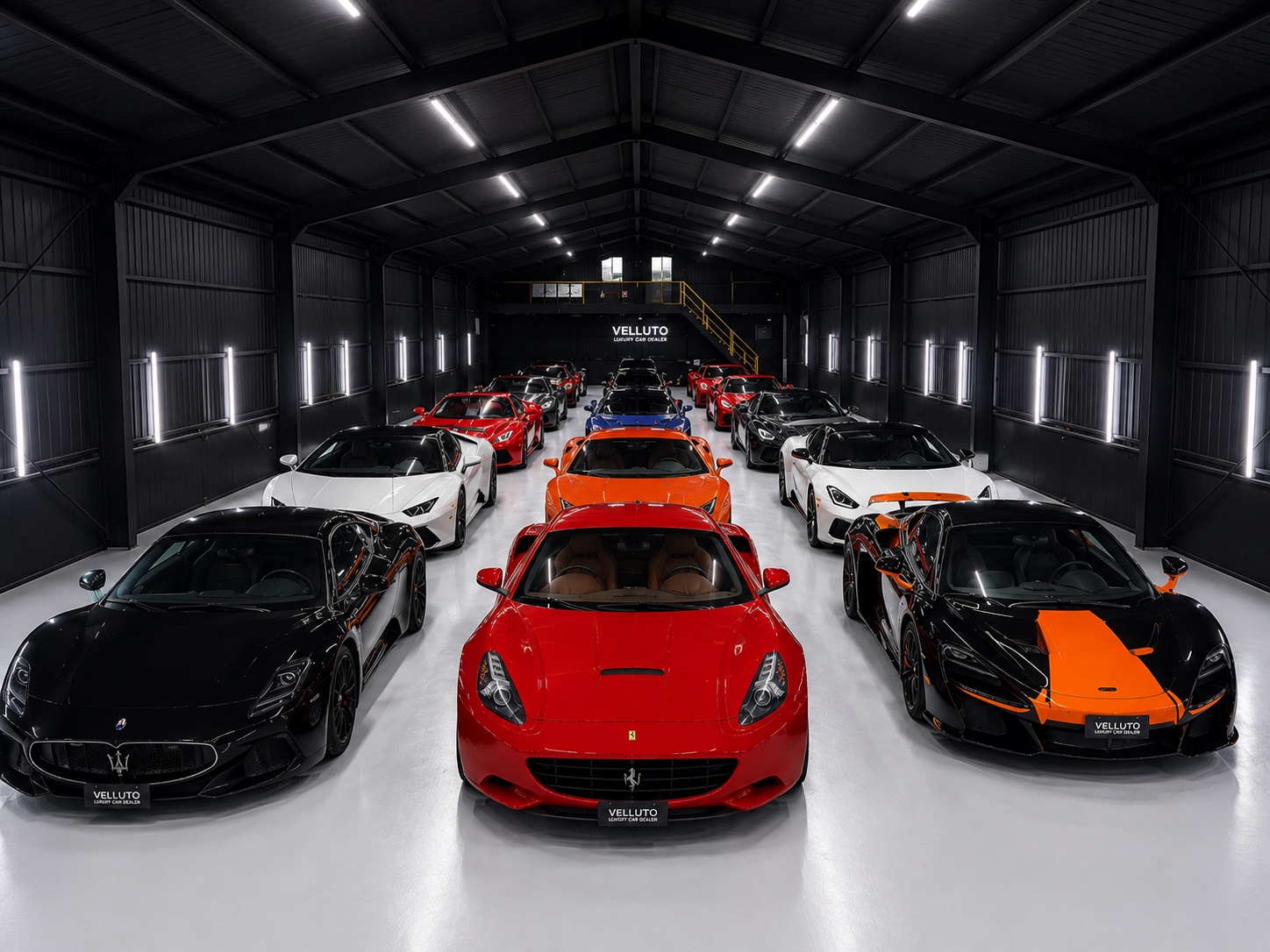 VELLUTOの展示スペースとスーパーカー